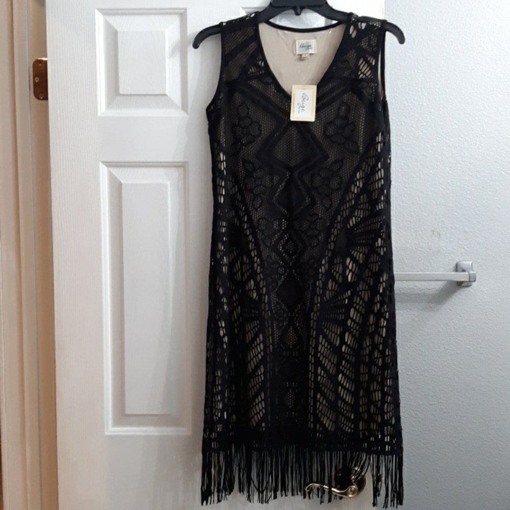 Beige by eci black dress with fringe. - Picture 8 of 10